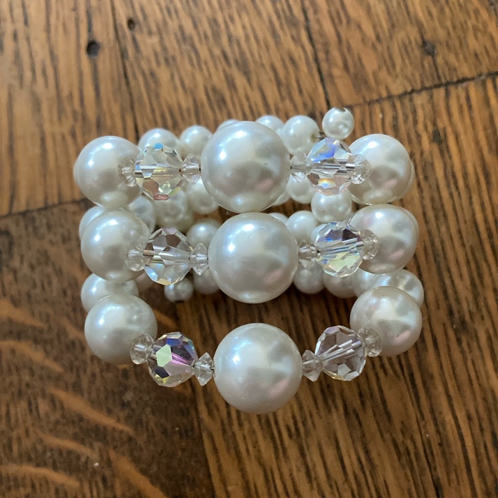 Vintage mock pearl and crystal wrap bracelet